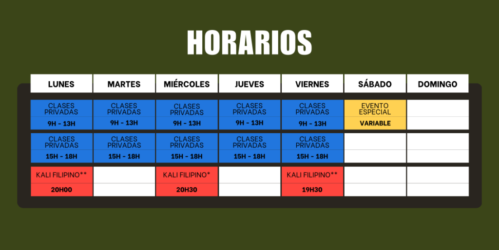Horarios de nuestras clases Artes marciales Kali Eskrima Filipino en Barcelona