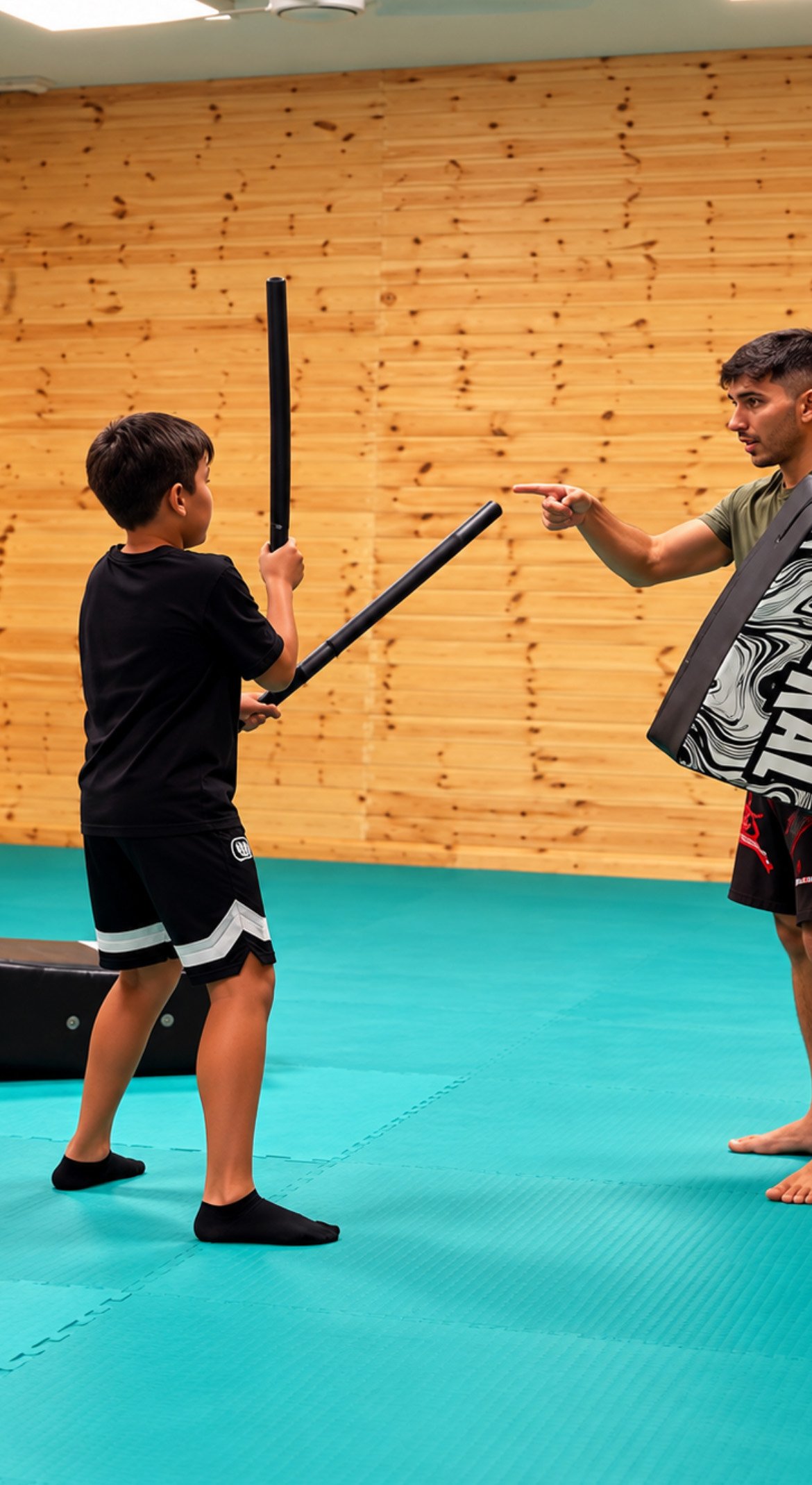 Niños entrenando Kali Filipino con bastones acolchados